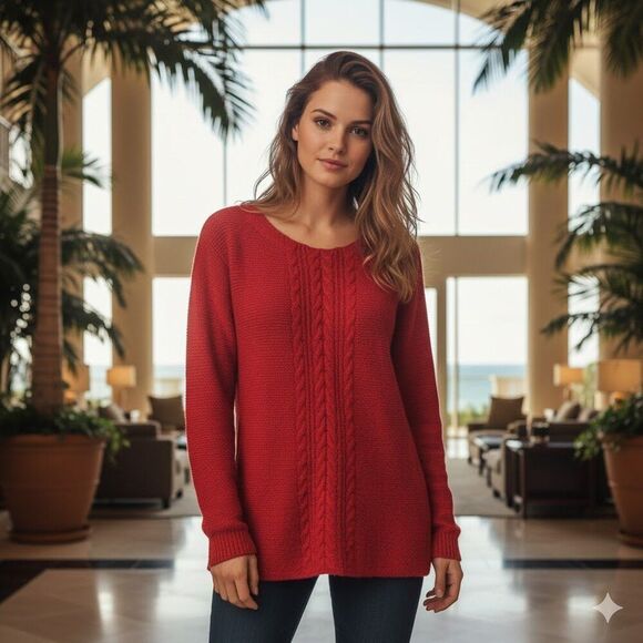 NWT Liz Claiborne Cabaret Red Crew Tunic Oversized Sweater Size Small - Picture 1 of 13